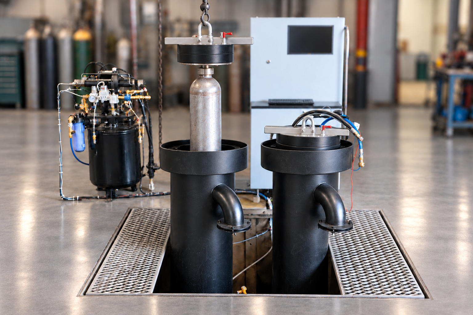 AI-generated illustration based on HCM equipment photo: crane lifting a black sealing test head with the cylinder threaded directly underneath and lowering into a black water jacket, with polished concrete floor and blurred workshop background